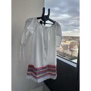 J.CREW Short Sundress White Multicolor Striped Linen Cotton Puff 3/4 Sleeve M